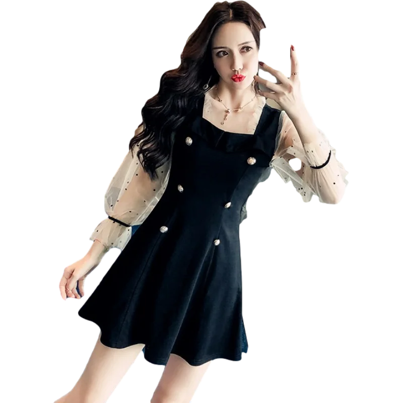 2020 корейское сексуальное платье маленькое черное Сетчатое двубортное в горошек