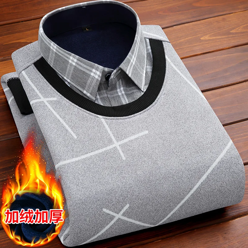 

Winter Warm Shirt Fake Two Pieces Thick Long Sleeve Knitted Shirts With Velvet Pullover Men's Casual Clothing