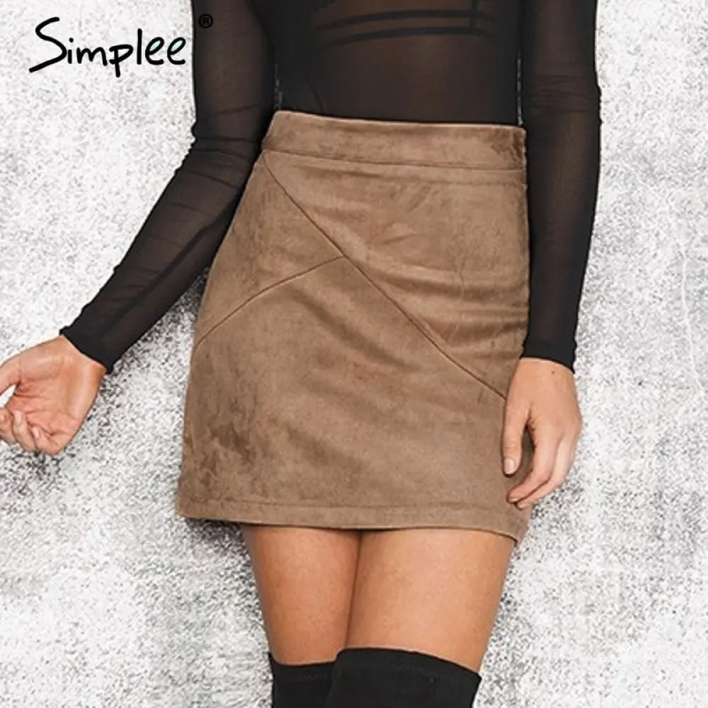 

Simplee Autumn Vintage Leather Skirts Winter Suede Pencil Skirt Cross High Waist Zipper Skirt Split Bodycon Mini Women Skirts