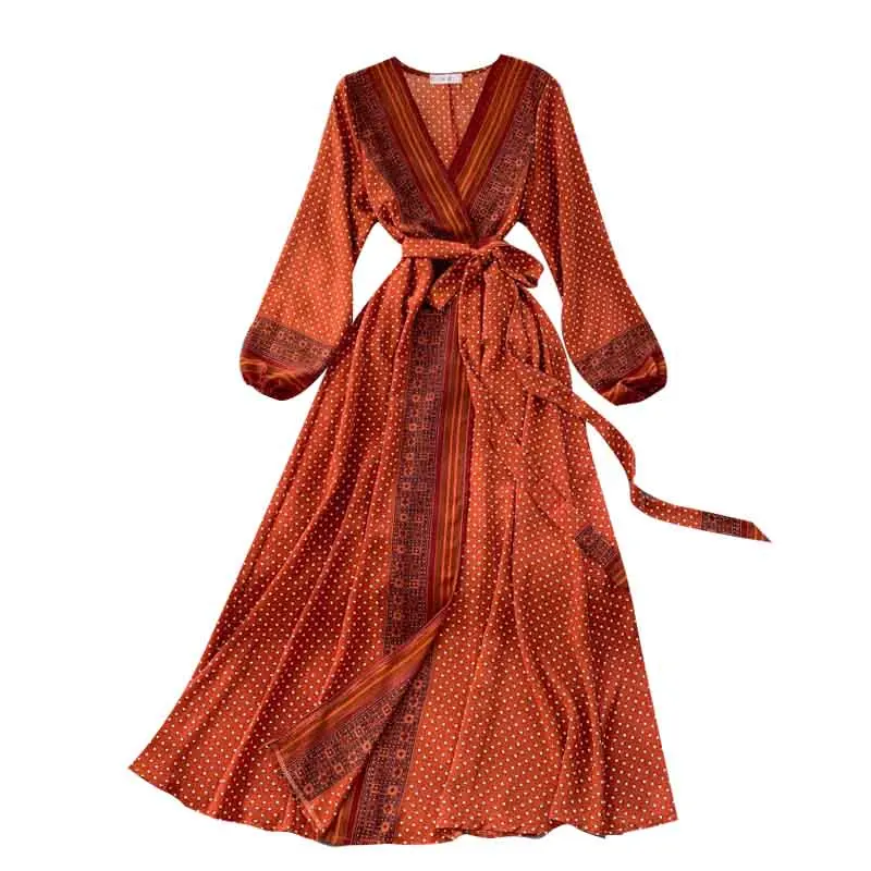 

A-line Dress Korean Elegant Bohemian Long Holiday Dress Women Retro Print Dress 2020 Autumn V Neck Lace up Long Sleeve