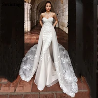 luxury mermaid wedding dresses sleeveless tube top detachable train 2 in 1 lace applique wedding gowns tailor made