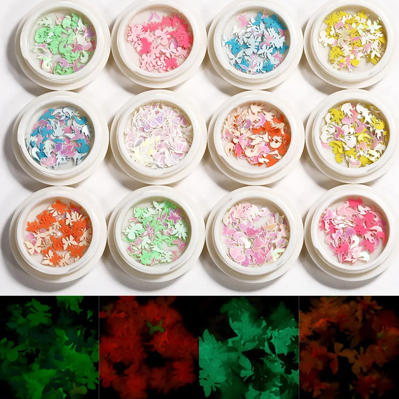 

1 Box of Fluorescent Luminous Butterfly Insect Flame Multicolor Nail Art Accessories DIY Sparkling 3D Design Wood Pulp Nail Art