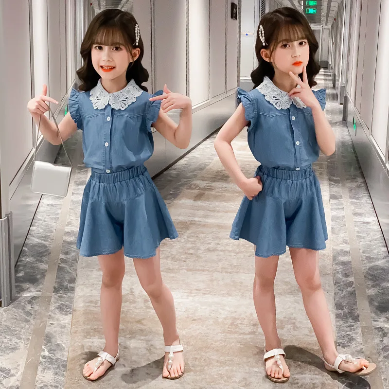 

Baby Girl Clothes Set Summer Children Clothes Korean Girls Denim Short-sleeved Suit Baby Girl Outfit Teen Girls Clothing 4-12 Y