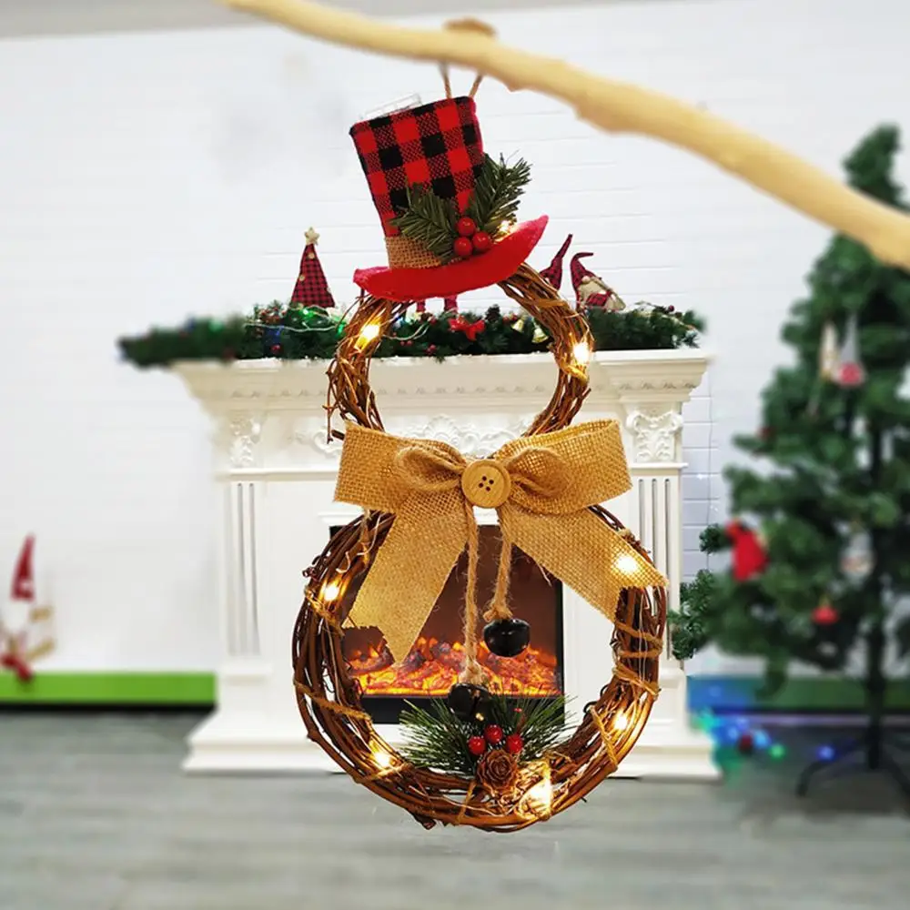

2021 LED Christmas Snowman Garland Wreath Xmas Hang Decoration Lights Outdoor Rattan Circle Walled Door Home Party Garden Decor
