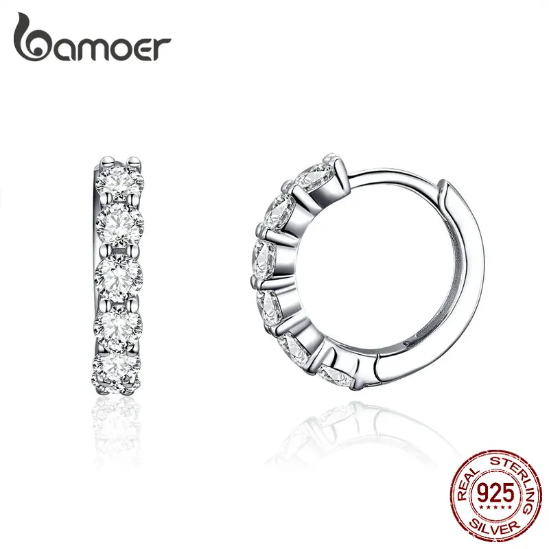 BAMOER, свадебные серьги-кольца для женщин, Стерлинговое серебро 925, высокое качество, кубический цирконий, крошечные серьги-обручи, массивные ювелирные изделия SCE524