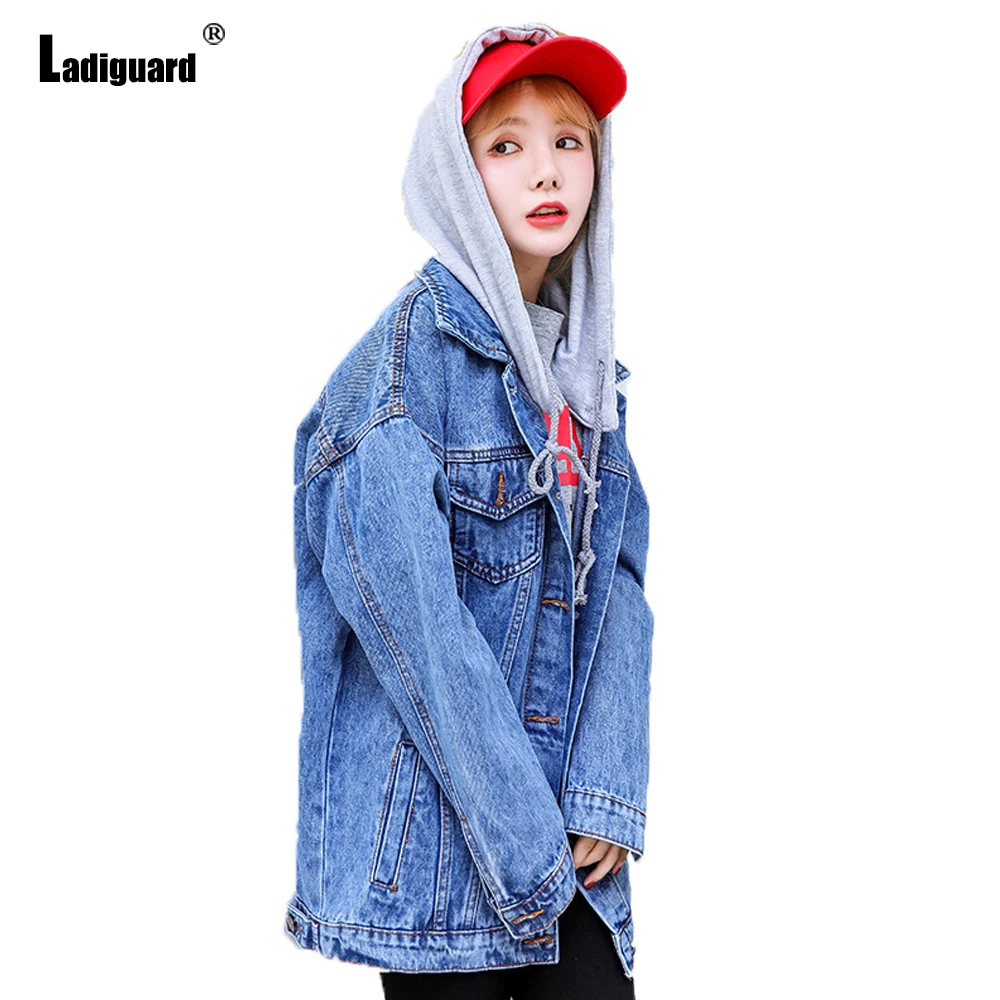 

Ladiguard 2021 Patchwork Demin Jackets Women Fashion Hooded Tops Long Sleeve Street Jean Coats Kpop Loose Vintage Denim Jacket