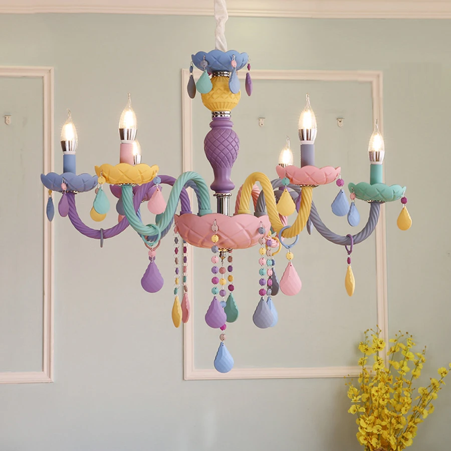 Modern Macaron Colorful Crystal Chandelier Rainbow Candle lustres American girl princess Children room Luminaire light fixtures