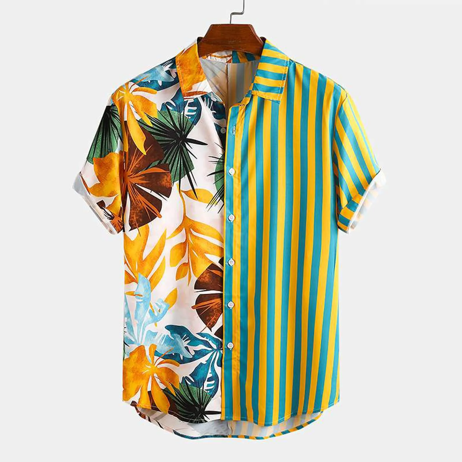 

Hawaiian Men Summer Shirts Fashion Casual Shirts Summer Print Patchwork Single-breasted Lapel Trend Palm Leaf Tops Man
