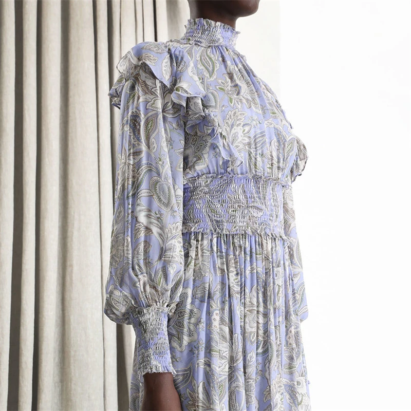 

2021 Spring New French Retro Chiffon Floral Dress Stand Collar Ruffled Pleated Lantern Sleeves Waisted Holiday Long Dress Women