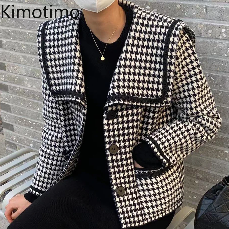 

Винтажное клетчатое пальто Kimotimo, Женская Корейская шикарная темпераментная куртка с матросским воротником и карманами, универсальные паль...