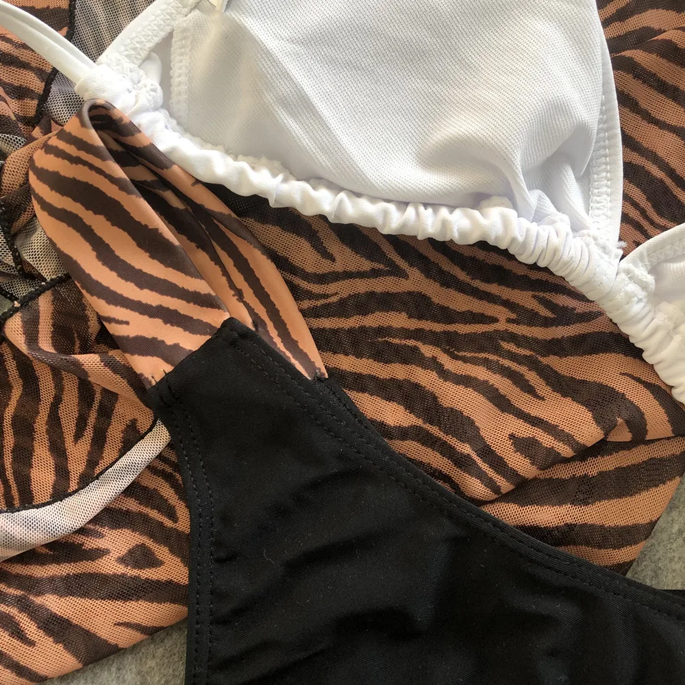 

Sexy Leopard print swimsuit Mesh cover ups Long sleeve beach Bikini 2020 Women Summer shirt Beach wear Bandage Cropped Swim Suit
