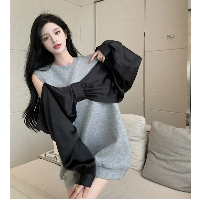 

Женский осенний свитер в гонконгском стиле, универсальный модный свитер в Корейском стиле с открытыми плечами и бантом