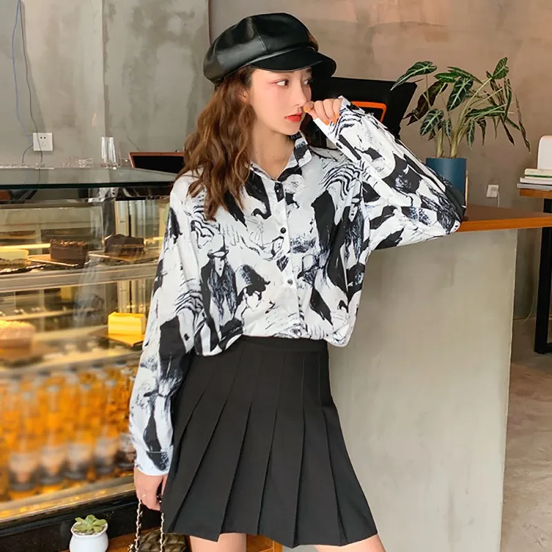 

Sexy Cartoon Print Blouse Long Sleeve Blouse Turn Down Collar Lady Office Shirt Tunic Casual Loose Tops Seller Reccomend Y3