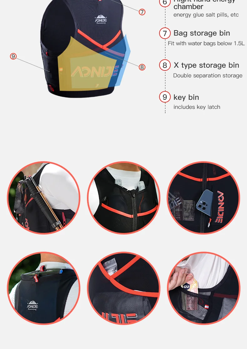 AONIJIE C9106 New 10L Quick Dry Sports Running Backpack Hydration Pack Vest Bag with Zipper for Hiking Running Marathon Race