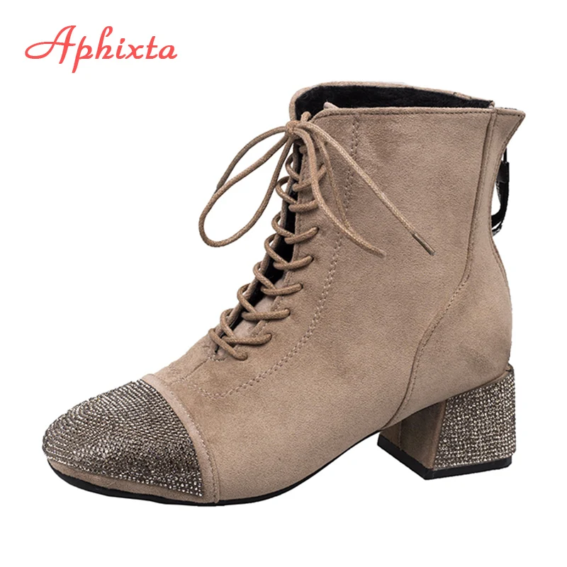 Женские ботильоны со стразами Aphixta зимние кожаные ботинки на Высоком толстом