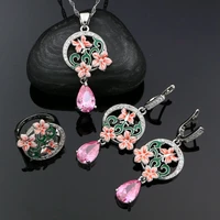 925 sterling silver bridal jewelry set for women pink enamel cz flower drop earrings ring pendant necklace