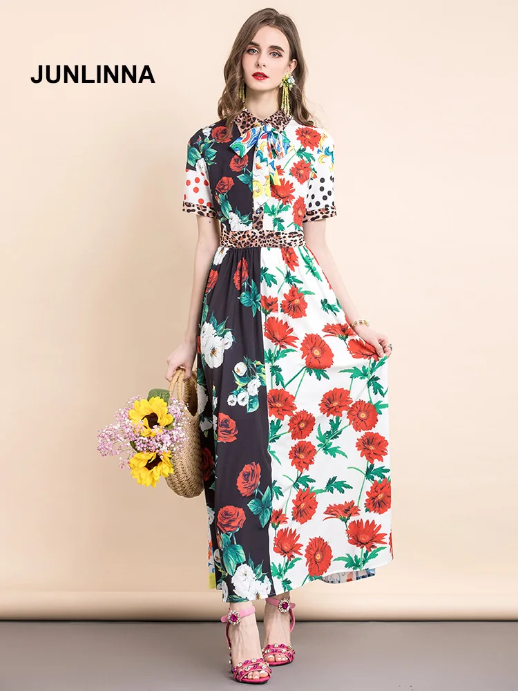 JUNLINNA Summer Vintage Long Party Dresses Fashion New Leopard Turn-down Collar Floral Printing Elegant Women Runway Vestidos