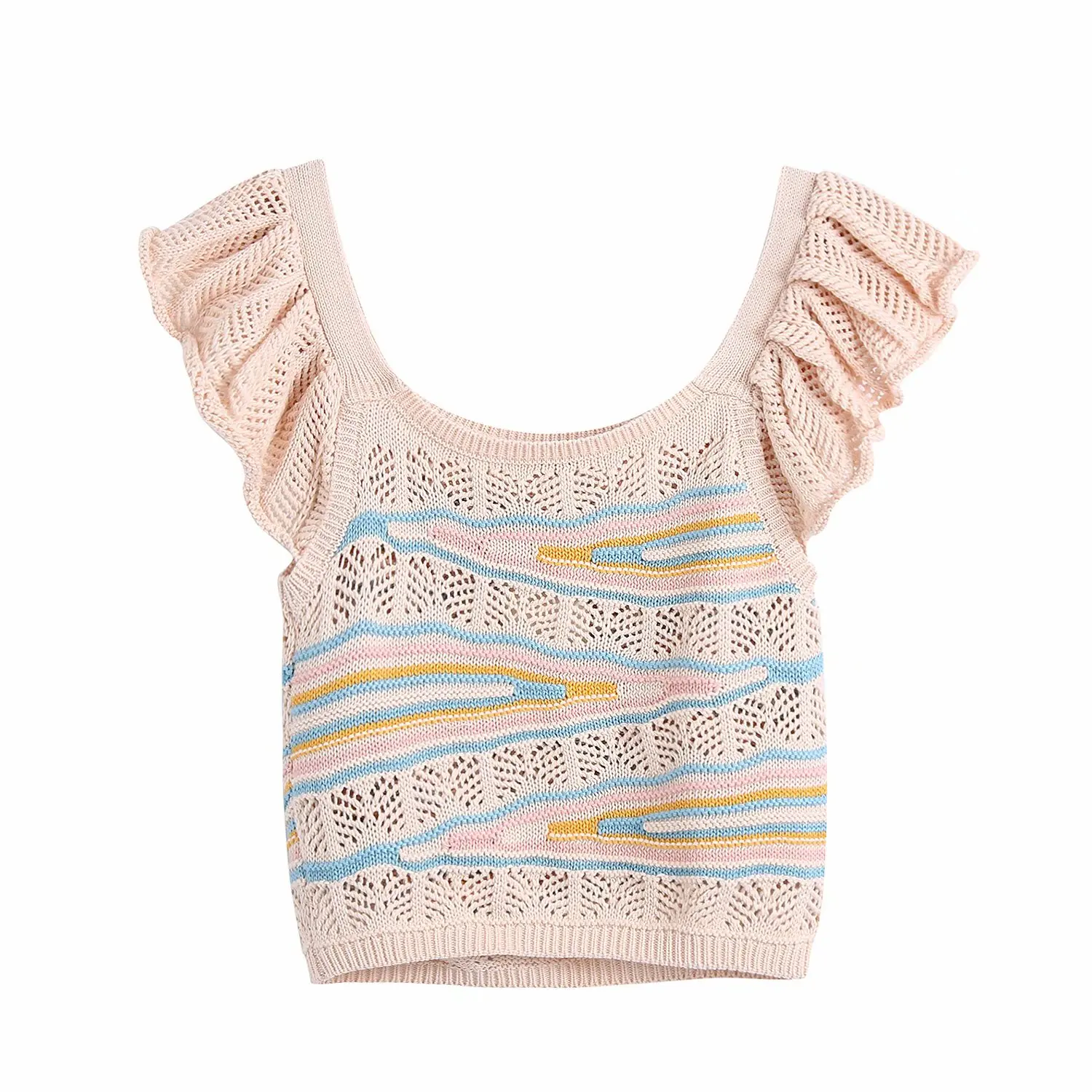 

Женский трикотажный топ без рукавов, милая сетчатая майка с оборками, Модные ажурные милые шикарные женские топы