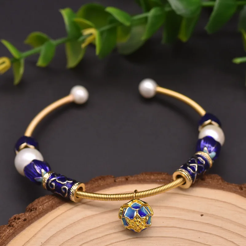 

Handmade Cloisonne Ethnic Vintage Women Bracelets Bangles Natural Fresh Pearl Charm Flower Bracelet Femme Jewellery Gifts Party