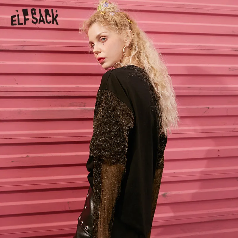 Женская футболка ELFSACK черная Повседневная с контрастным принтом и пайетками