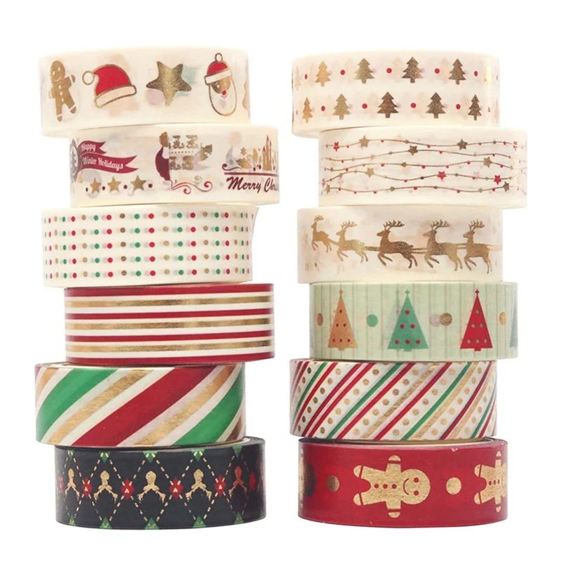 

12 PCS Christmas Washi Tape Set Bronzing Holiday Hand Account Tape Scrapbook Stickers DIY Crafts For Xmas