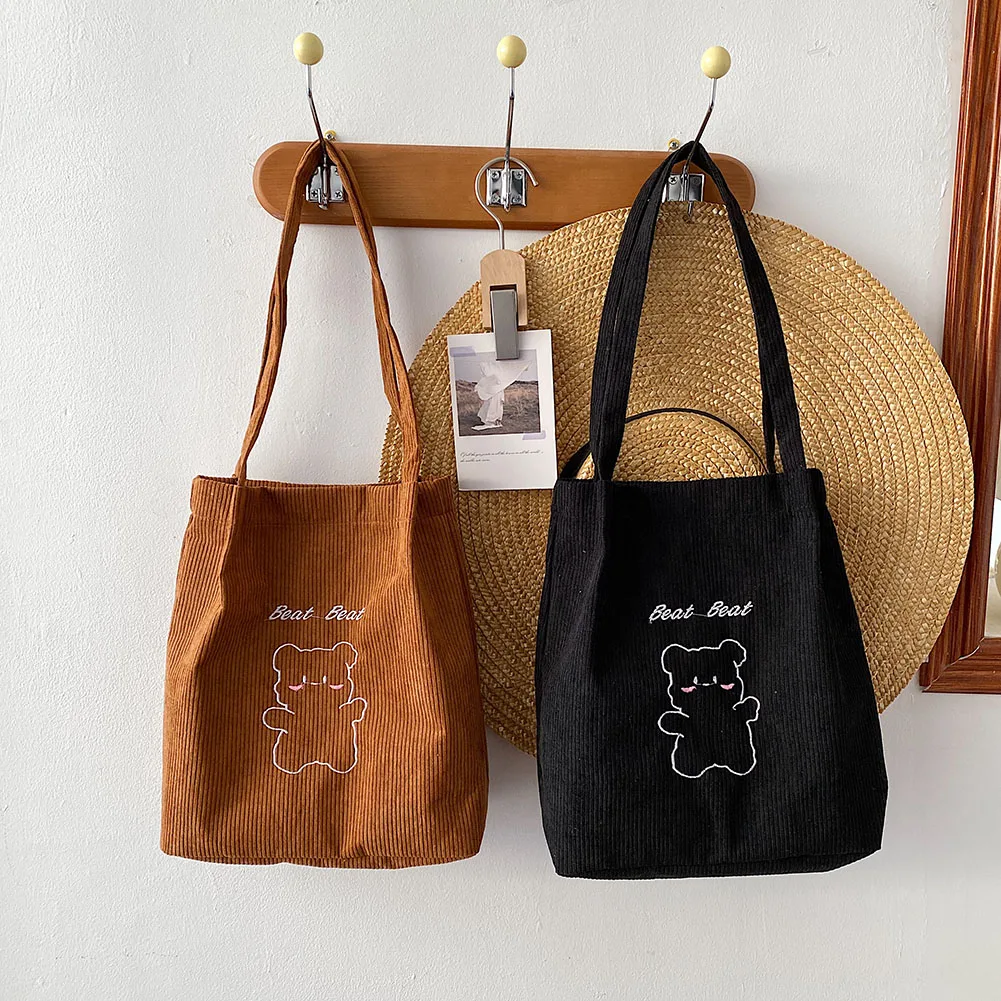 

Pure Color Corduroy Simple Women Shoulder Bags Casual Bear Pattern Autumn Winter Large Capacity Handbags Female Shopping Bags