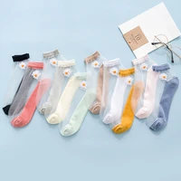 1 pair spring ladies socks crystal ultra thin silk transparent glass fiber fashion daisy flower harajuku cute style
