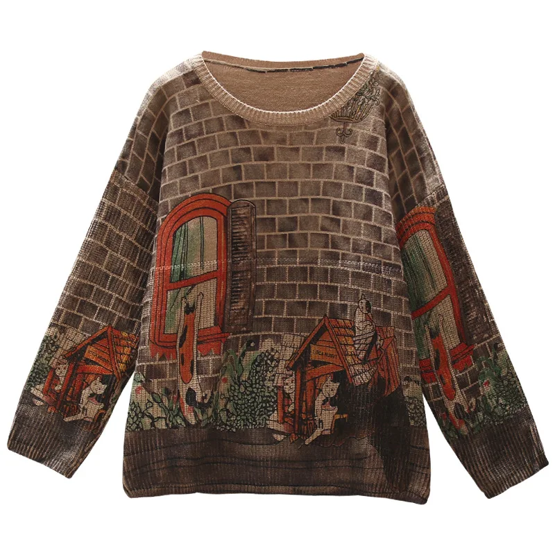 Women Sweater Autumn Winter Retro Large size Knitting Pullovers Tops 2019 New Ladies Print Pattern Loose All-match | Женская одежда