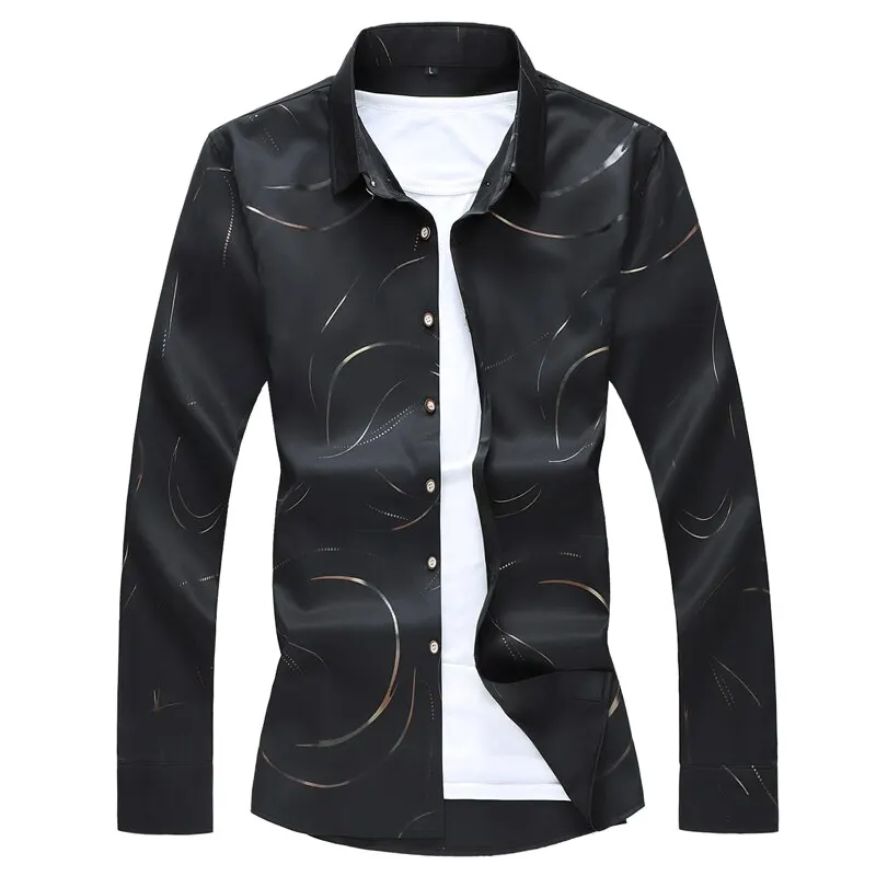 

Loldeal Men Printed Shirt Fashion Casual White Long Sleeve Shirt Male Brand