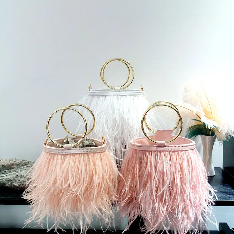 Luxury Real Ostrich Feathers bucket bag Handbag Evening Bags Women's Pink Green Diamond Clutch Party Messenger Bag For Ladies | Багаж и