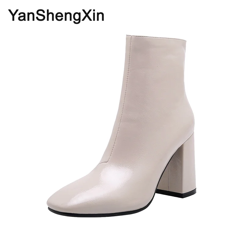 Beige YANSHENGXIN/Женская обувь; женские ботинки; ботильоны из кожзаменителя на не сужающемся книзу массивном каблуке; женская обувь; осенне-зимние ботинки; 2 цвета; женские ботинки - Цвет: Beige