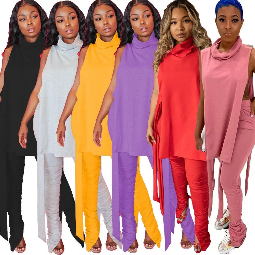 

Chic elegant new fashion women two piece set sleeveless oversize t-shirt tank + high waist trousers stacked pants lounge wear