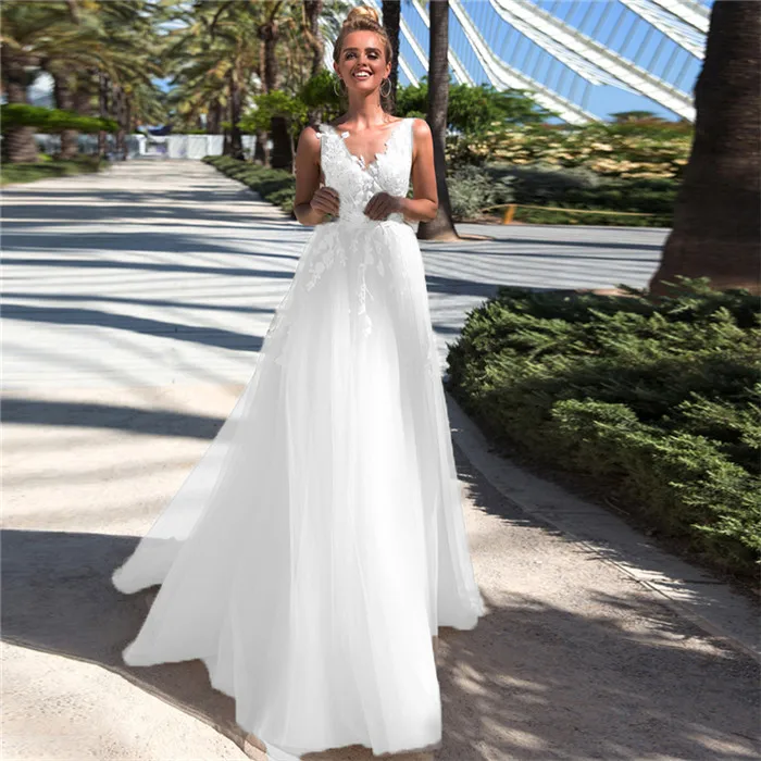 white LORIE Boho Свадебное платье с аппликацией и тюль ТРАПЕЦИЕВИДНОЕ свадебное платье с v-образным вырезом, без рукавов, платье принцессы, невесты свадебное платье Vestido De Noiva - Цвет: white