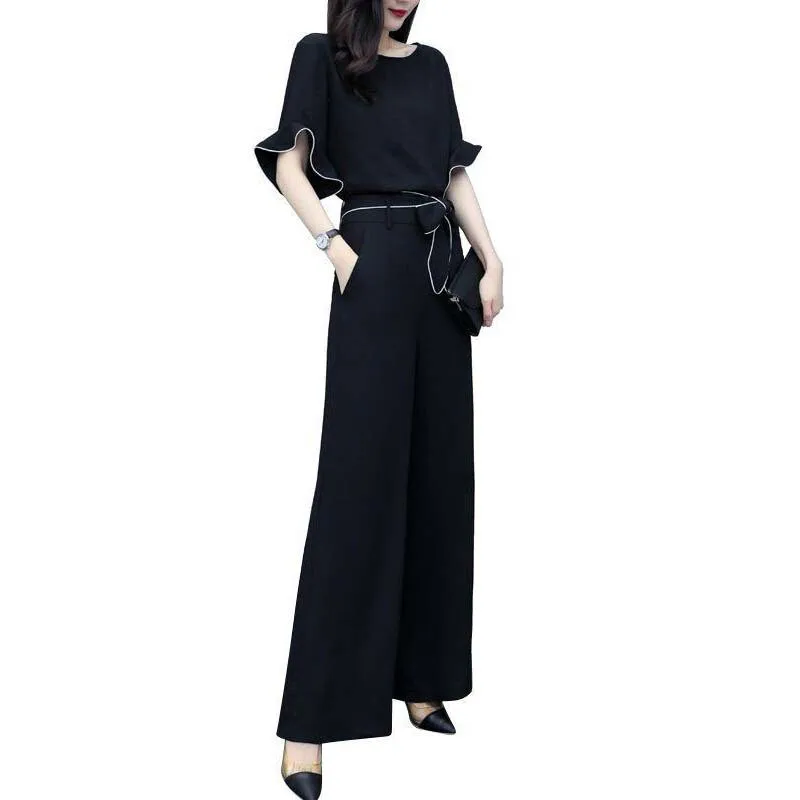 

Tracksuit Women 2 Piece Set Elegant Chiffon Solid Black O-Neck Pullover Top And Wide Leg Pants Suits Fashion Casual Summer Sets