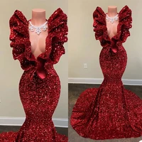 sexy 2021 mermaid red evening dresses deep v neck sequined ruffles prom dress plus size special occasion party gowns