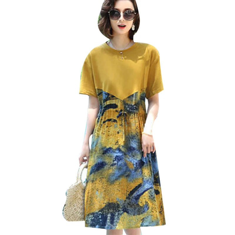 

Women's Spring Summer Style Dress Women's Elegant Patchwork Lace Up Short Sleeve O-neck Loose Casual Dress SS1922