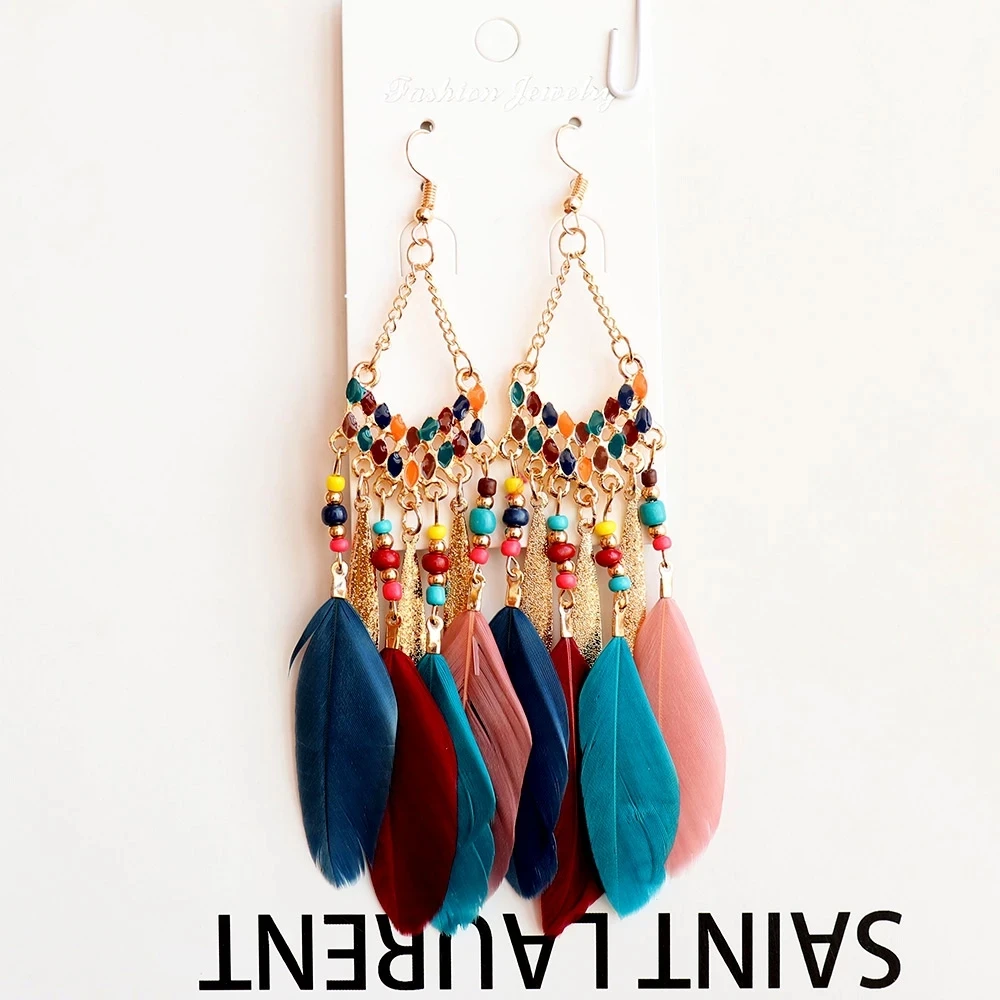 Винтажный этнический богемный висячие серьги с листьями и перьями белые