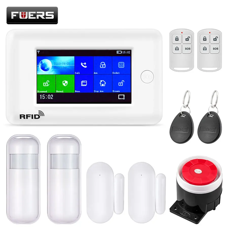 KIT7 FUERS wifi GSM GPRS умная домашняя система охранной сигнализации 4,3 дюймов цветной экран приложение RFID Контроль Детектор дыма PIR детектор движения - Цвет: KIT7