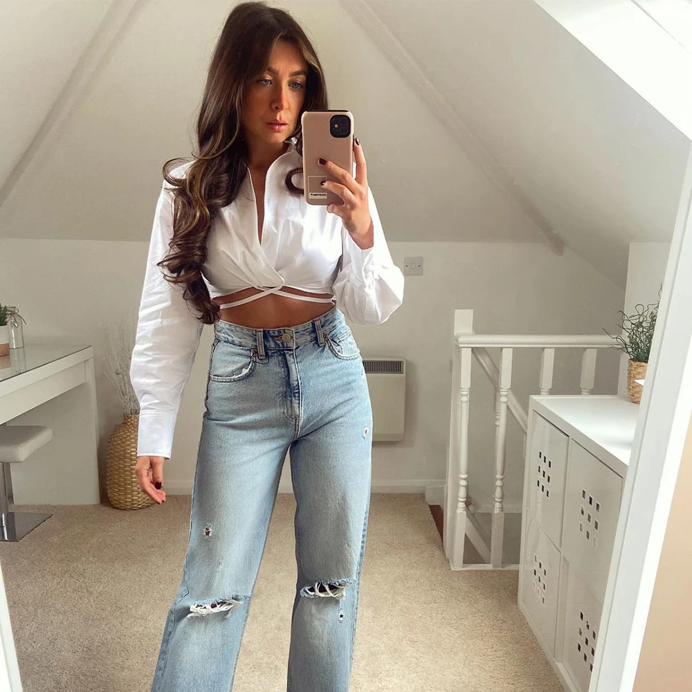 

2021 New Women Surplice Cropped Shirt WITH TIES Long Sleeves Casual Fashion Chic Lady High Fashion Woman Blouse