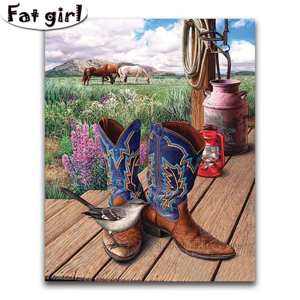 

Алмазная живопись, настенная подвеска 5D, «сделай сам», ковбойские ботинки, рисунок лошади, вышивка крестиком, мозаика, вышивка, полная квадр...