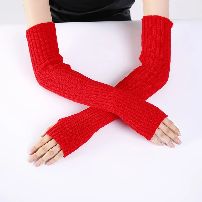 

Women Winter Classic Pure Color Soft Knitted Arm Warmer Long Fingerless Gloves