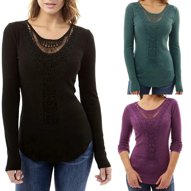 

Pop Spring Autumn Women Long Sleeve O Neck Hollow Out Casual Slim Fit Shirt Solid Tops Pop 88