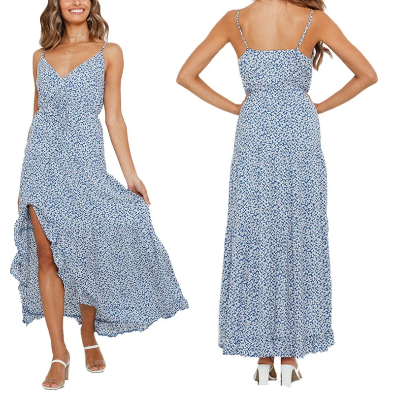 

Women Dress Summer Dresses Irregular V-neck Ruffled Halter Spaghetti Strap Dress