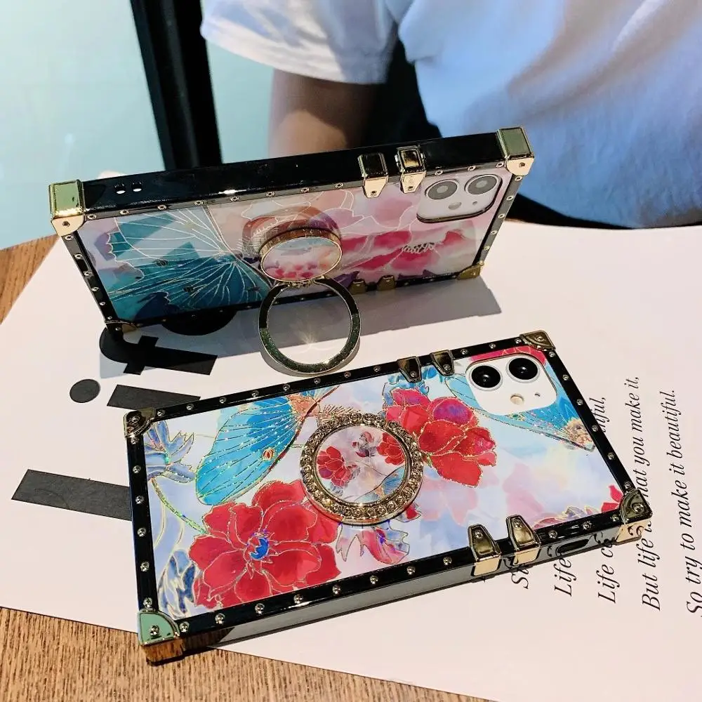 

Butterfly Flowers Square Case for Iphone 12 11 Pro Max X XS XR 7 8 SE Decorative Corners Soft Back Shockproof Bling Kickstand