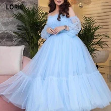 LORIE – robe de bal de forme trapèze, tenue de soirée, bleu clair, avec plis et perles, manches longues bouffantes, style arabe, 2021, 2021  (3)
