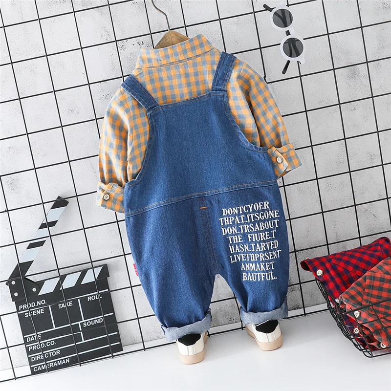 HYLKIDHUOSE 2019 Toddler Infant Clothes Suits Baby Girls Boys Clothing Sets Lapel Plaid Shirt Strap Jeans Kids Children | Детская одежда