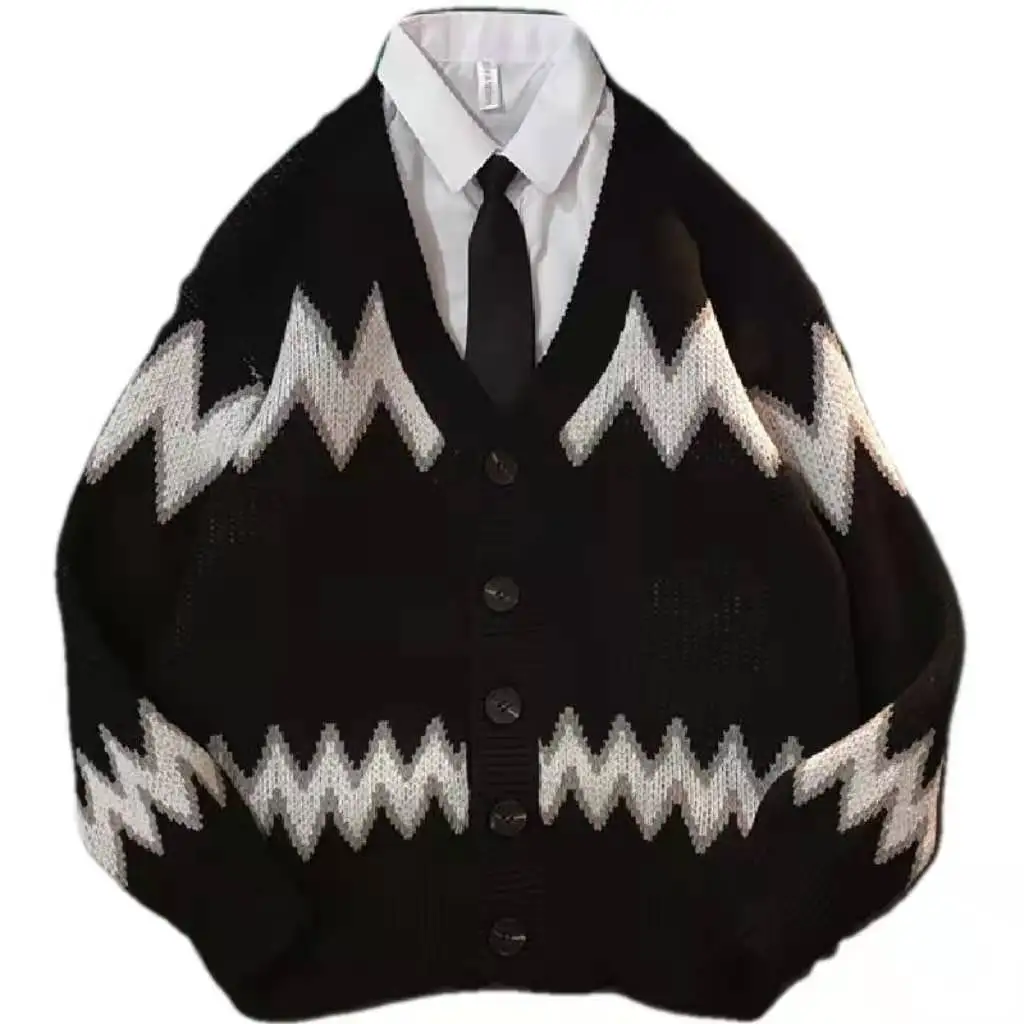 

Academy style autumn and winter V-neck t-shirt men's cardigan trend Korean sweater loose sweater couple's coat