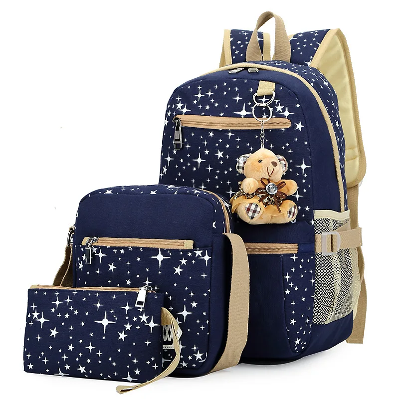 

Four pieces of student backpack female Korean canvas printing large capacity backpack college high school school bag