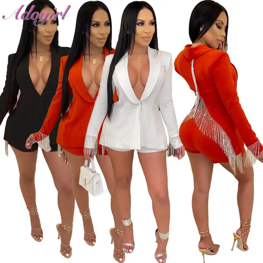 Женский костюм с блейзером отложным воротником и длинным рукавом кисточками