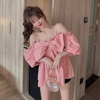 2021 cute bow shirt female korean fashion sexy one word neck solid color chiffon blouse summer new puff sleeve sling top t shirt